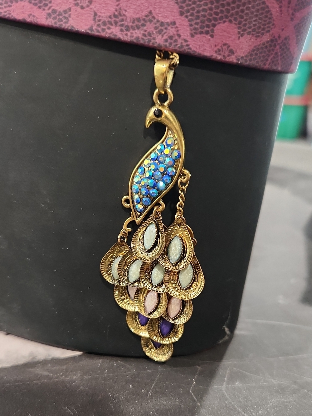 Gold-tone Peacock Pendant For Necklace with Blue Crystal Accents